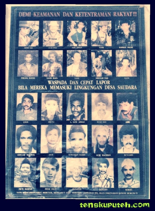 Poster pencarian orang yang berisikan tokoh GAM (Gerakan Aceh Merdeka) pada tahun 1990-an. Pemerintah Republik Indonesia awalnya diberi nama kepada mereka Gerakan Pengacau Keamanan (GPK) tahun 1989, kemudian diubah menjadi Gerakan Pengacau Liar (GPL) pada tahun 1997.