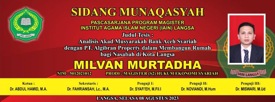 Baliho SIdang Munaqasah Milvan Murtadha pada IAIN Langsa.
